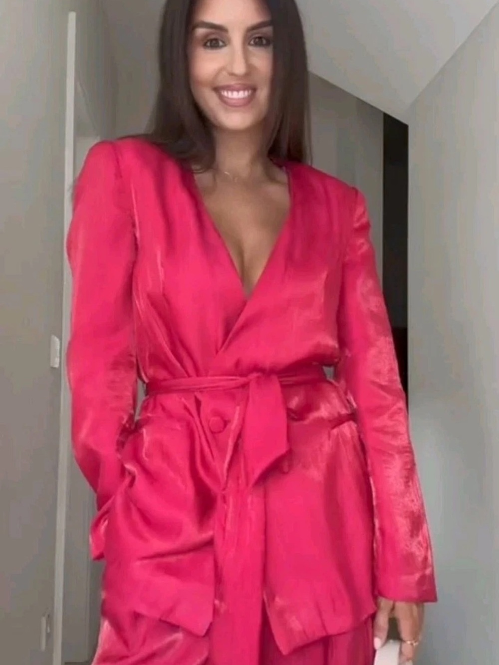 Zara Hot Pink Satin Blazer with Tie Belt